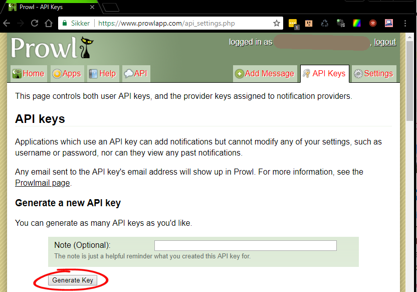 This is how you create a prowl API key