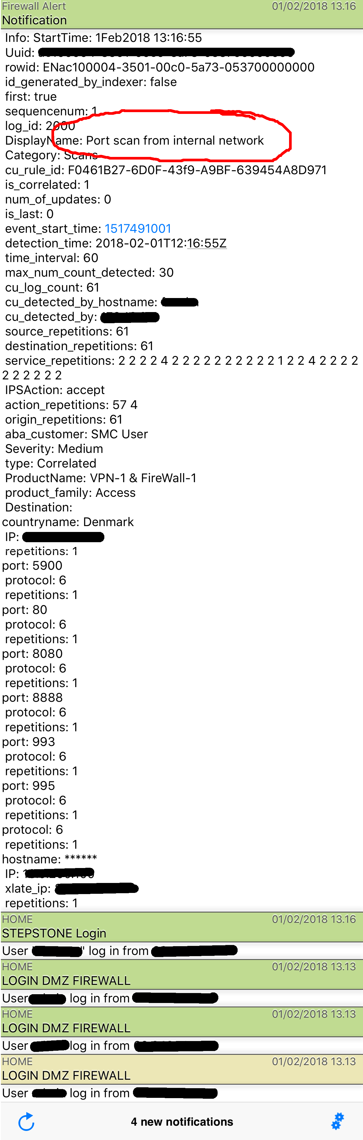 This is a prowl alert showing the details of a portscanning made from within the LAN