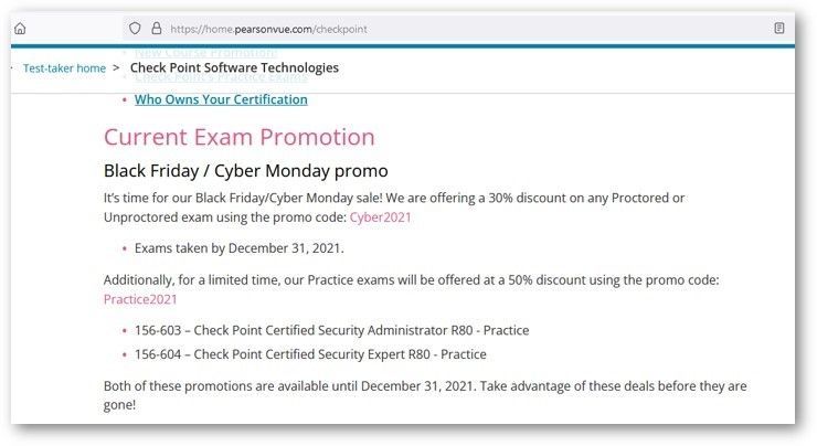 PearsonVue Promo Code not working - Check Point CheckMates