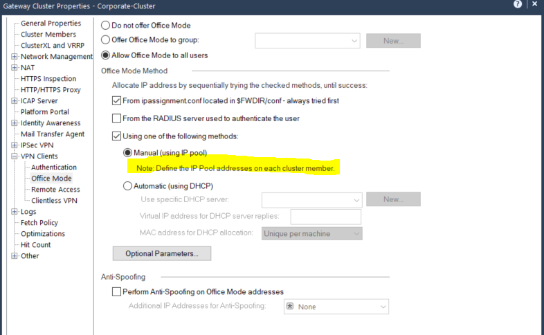 checkpoint vpn office mode ip assignment failure