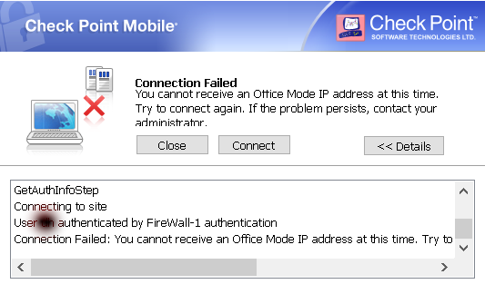 checkpoint vpn office mode ip assignment failure