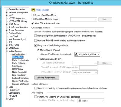 Enable Office Mode + IP Pool