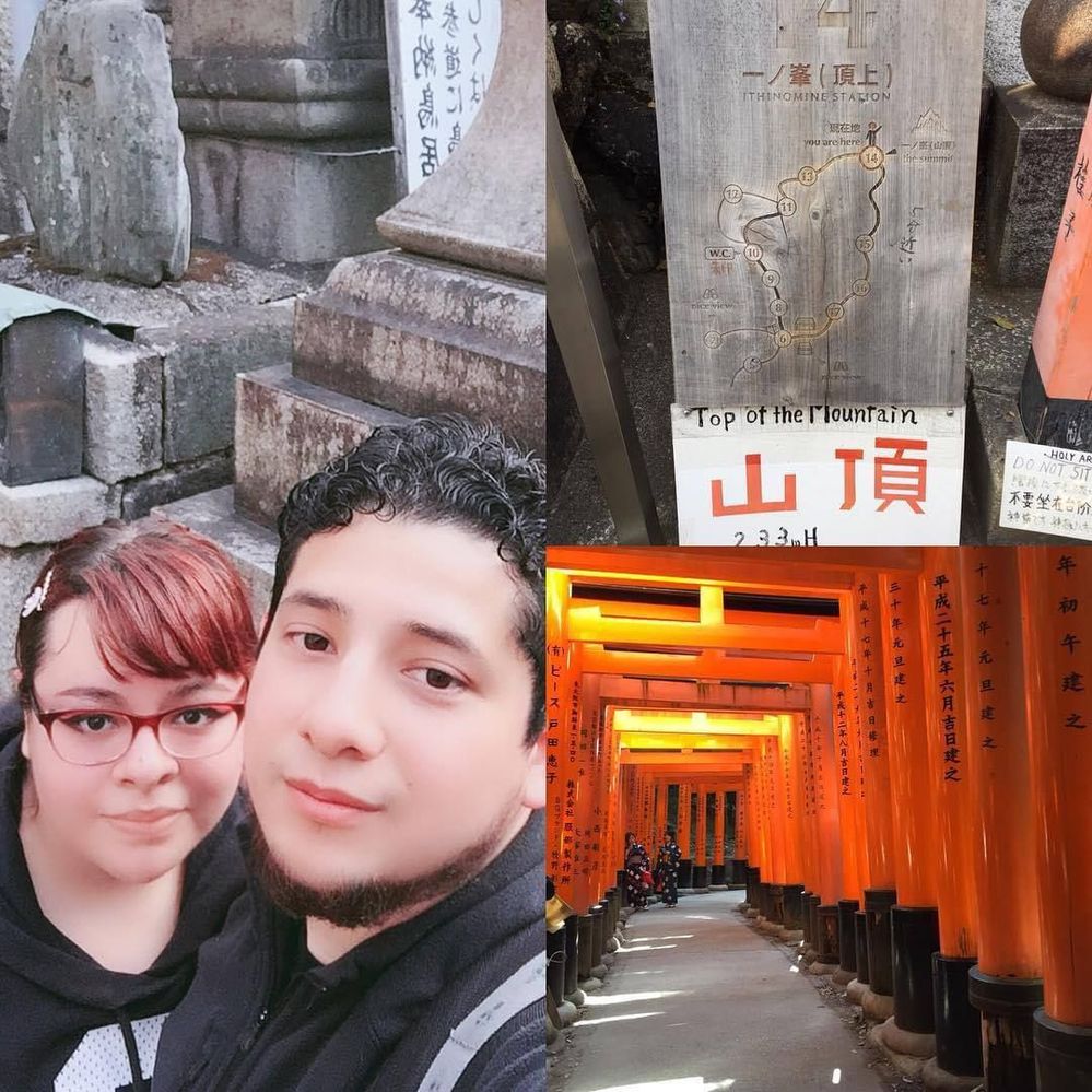 Me & lovely wife, sanctuary Fushimi Inari-Taisha (伏見稲荷大社), 764 ft above sea level, 10,000 Torii gates, 12,000 steps, 4 hours to go up and down, Kyoto, Japan