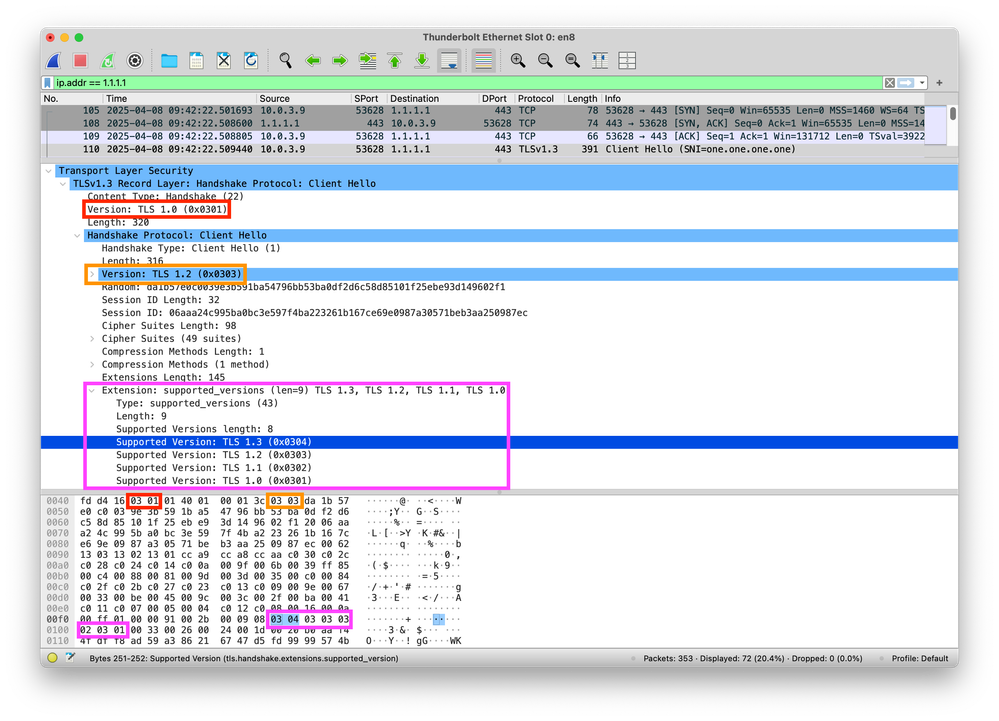 A packet capture of a connection to 1.1.1.1. A Client Hello is selected. It shows handshake version TLSv1.0, handshake protocol client hello version TLSv1.2, then extension: supported versions with support for TLSv1.3.