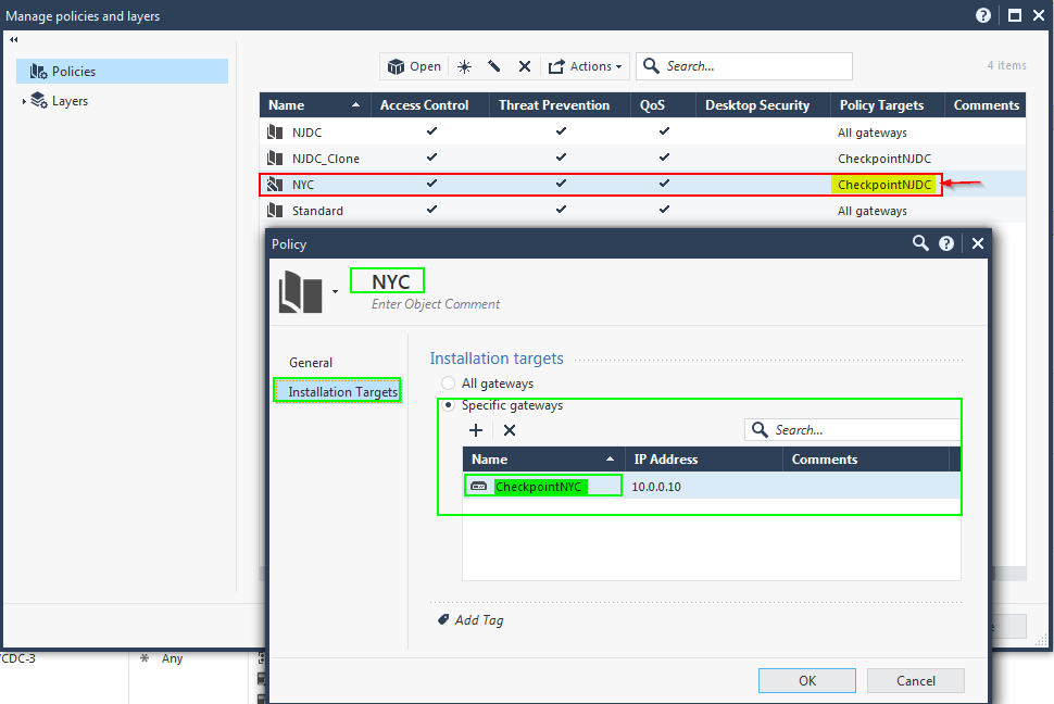 Incorrect targets are shown in "Manage policies and  layers"