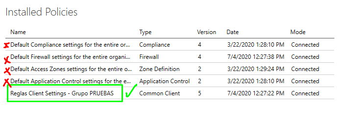 Policies received by the endpoint