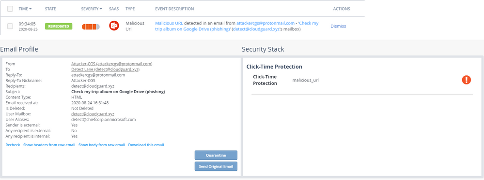 ClickTime Protection malicious link click event