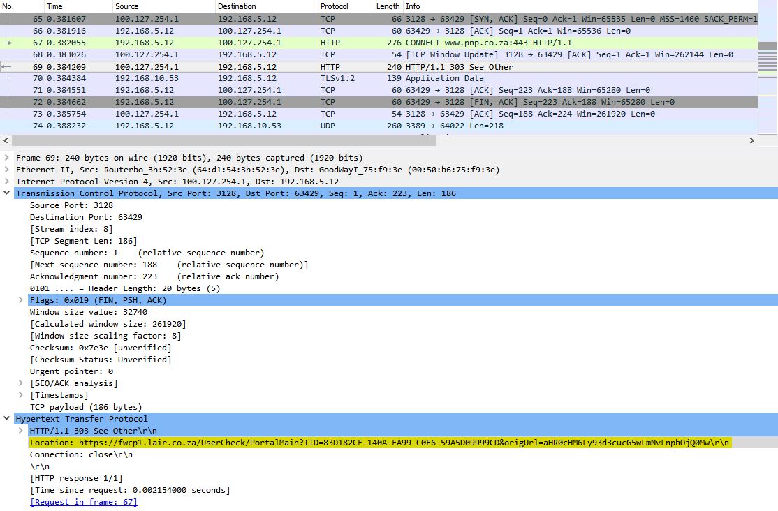 Wireshark showing proxy redirect